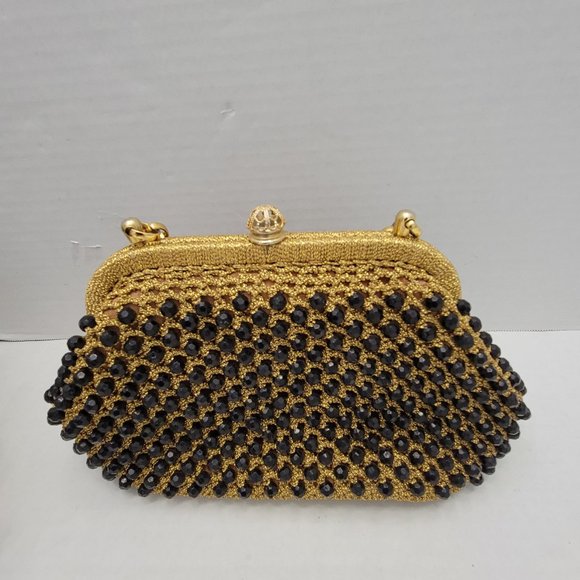 Vintage 50's Womens Gold Black Purse Bag Styled by Simon Italy Weave Beads Night - Picture 2 of 15
